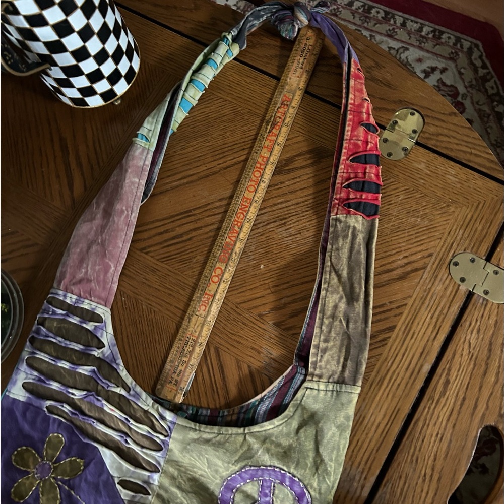 Vintage Patchwork Peace Printed Shoulder Bucket Hippie Bag - Picture 9 of 14